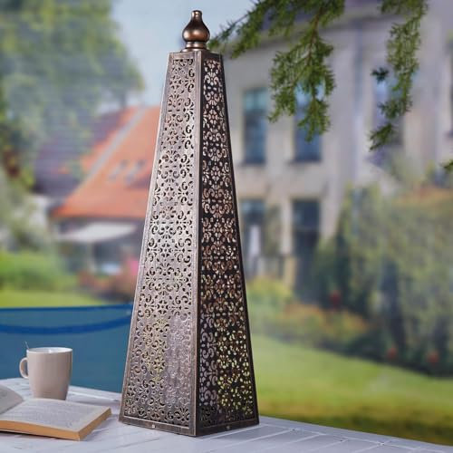 Battery Powered Moroccan Style Pyramid Lantern Lamp – 8 Lumen Weatherproof Bronze Effect Freestanding Indoor Outdoor Home Garden LED Light for Table, Patio, Deck, Pathway, Balcony, Yard – H60 x 15cm