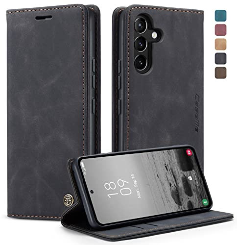owlhold Handyhülle für Samsung Galaxy A54 5G Hülle, Premium Lederhülle Weiches Vintage-Nubukleder Faltbare Ständer Klapphülle Kartenfach Standfunktion stoßfest Schutzhülle für Samsung A54 5G -Schwarz