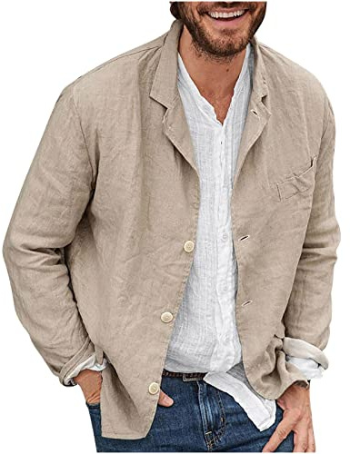 AEGJEGVD Men Linen Shirt Jacket UK Clearance Cotton Linen Casual Blazer Three Buttons Solid Color Loose Suit Jacket Sport Coat Summer Spring Shirts Comforty Lightweight Stylish Blazers Jackets