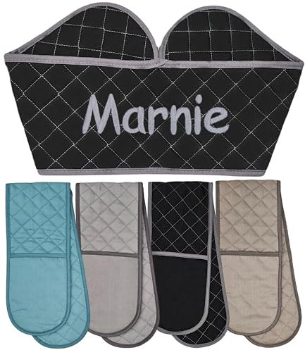 Personalised Double Oven Gloves Maximum Heat Protection, Pot Holders for Cooking & Baking in the Kitchen Machine Washable Gift for Mum Grandma (Black Oven Gloves)