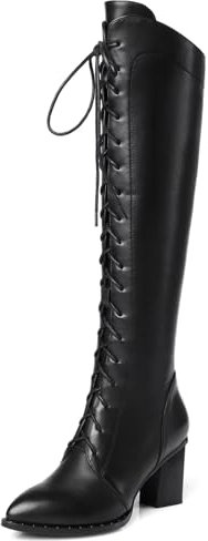 HSyc JRX Botas altas de piel con cordones para mujer Tacón bloque Botas con cordones, Negro , 38.5 EU