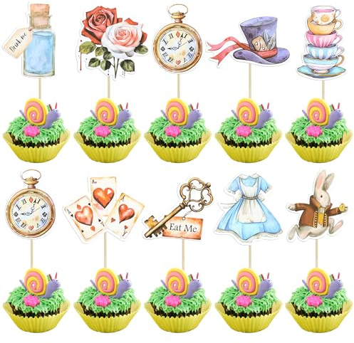 Gyufise 36Pcs Alice Cupcake Toppers Butterfly Flower Bowl Key Clock Eat Me Cupcake Picks Tea Party Cake Decorations for Baby Shower Birthday in Wonderland Party Decorations