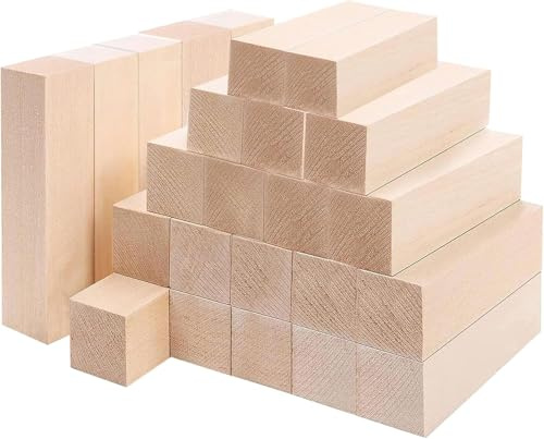 24 Pièces Tilleul Sculpture Blocs de Sculpture en Naturelle Cube Bois, Bloc en Bois Massif de Balsa à Sculpter pour Enfants et Adultes DIY, 10x2.5x2.5 cm