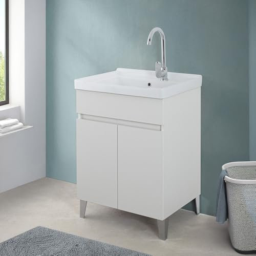 Mobile Lavatoio 60x46,8 Cm Bianco Frassinato Con Vasca In Ceramica Dotata Di Zona Strofinatoio, Struttura Già Montata In Legno Nobilitato Con 2 Ante Apribili A Gola