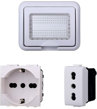 Kit Placca Scatola 503 Premontato IP55, 3 Moduli Presa Schuko + Presa Bipasso 10/16A, Compatibile Con Bticino Living, Colore Bianco, Placca Stagna Idrobox Incasso Da Esterno
