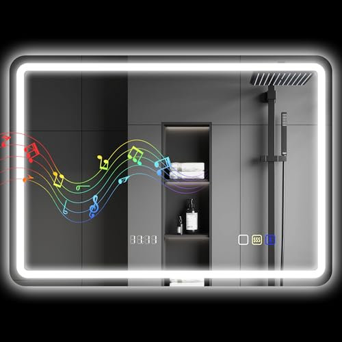HOMCOM Espejo de Baño con Luz LED 70x50 cm Bluetooth Espejo de Pared con 3 Colores de Luz Reloj Digital Función Antivaho Función de Memoria Interruptor Táctil IP44