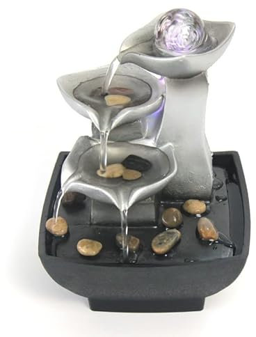Welldone - Fuente de agua de mesa con bola de vidrio, agua fluida, piedras y luz LED para Feng Shui, decoración de computadora de oficina y alivio del estrés