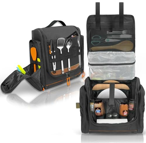 ORKELS Tactical Camping Kitchen Organizer Bag – Hanging Camp Cookware Storage with Paper Towel Holder, Portable Utensil Organizer for BBQ, Hiking, RV Cooking Essentials – Bag Only
