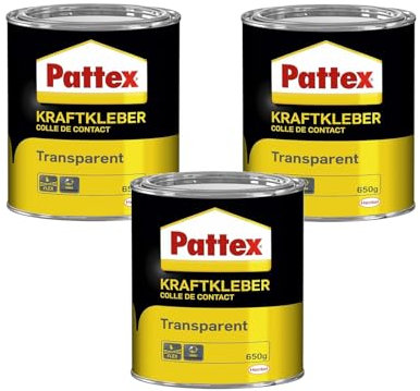 Pattex Kraftkleber transparent, Dose, 3x 650g | Glasklarer Kontaktkleber für präzise, starke Verklebungen – ideal für sichtbare Klebestellen