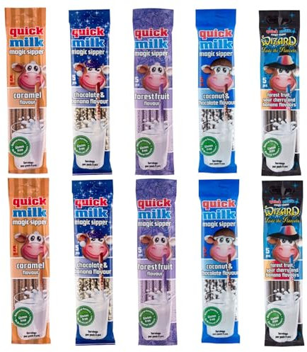 QUICK MILK - Mix 10 (caramel, noix de coco, chocolat, fruits de forêt, chocolat, banane et Wizard) - 10 paquets - 50 pailles Dekond