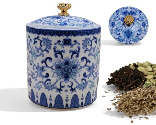 SJDHAHC Salero de porcelana azul y blanca con tapa, tarro hermético de cerámica para especias; recipiente de sal de porcelana para encimera; almacenamiento de cocina vintage azul y blanco, fácil de