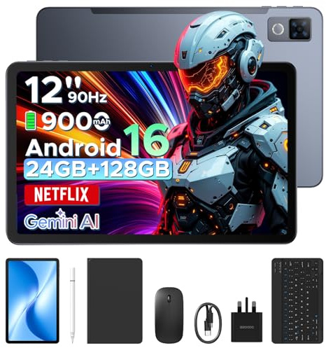 DOOGEETab U12 Android 16 tablet, 12 inch FHD+90Hz Large Screen, 24GB+128GB/2TB, Gemini AI Octa Core Gaming Tablets, 9000mAh/18W, Widevine L1, 2.4G/5G WiFi, Tablet with Pen,Keyboard,Mouse&Case