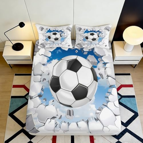 3D Printed Fußball Motiv Spannbettlaken, Mikrofaser Bettbezug, rutschfest | Weich, Matratzenschutz, Einfache Pflege, Ganzjährig, Waschbar 90x200x25cm