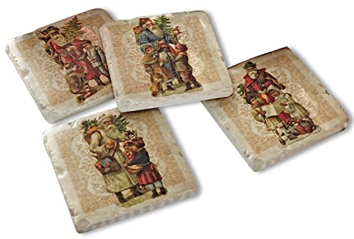 Loberon Untersetzer 4er Set Cantois, Unterschiedliche Historische Weihnachtsmotive, rutschfeste Unterseite, Weihnachtstischdeko, Weihnachten, Polyresin, Kork, bunt