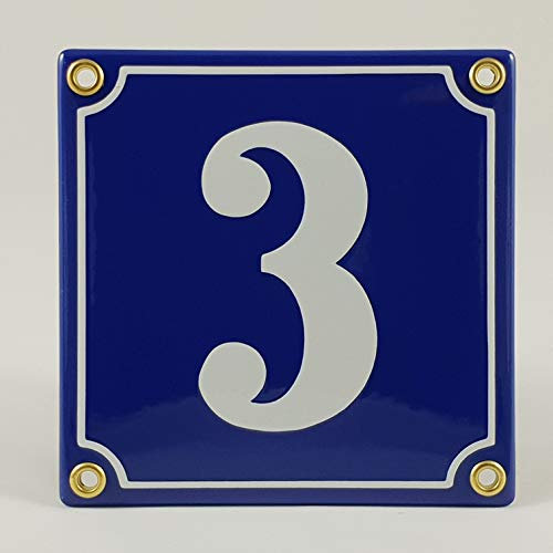 Hausnummer Emaille Schild Nr. 3 Blau-Weiß Handarbeit