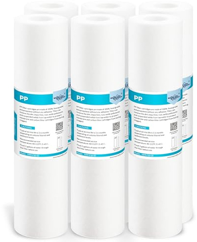 Membrane Solutions 2,5 x 10 Filtro Acqua da Sedimenti Polipropilene 50 Micron, per Osmosi Inversa, Depuratore Sotto Lavello Sistema Filtro - Confezione da 6