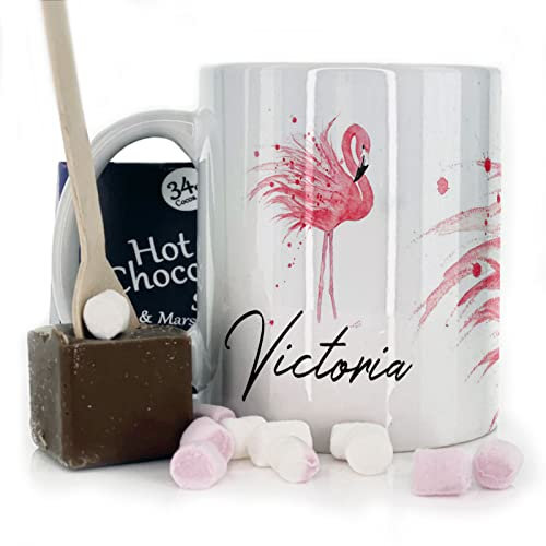 Personalised Mug and Belgium Milk Chocolate/Hot Chocolate Stirrer Marshmallow Gift Set, Custom Name (11oz) Thank You, Love You, Best Father, Happy Birthday Mug with Pink Flamingo Design, Flamingo Mug