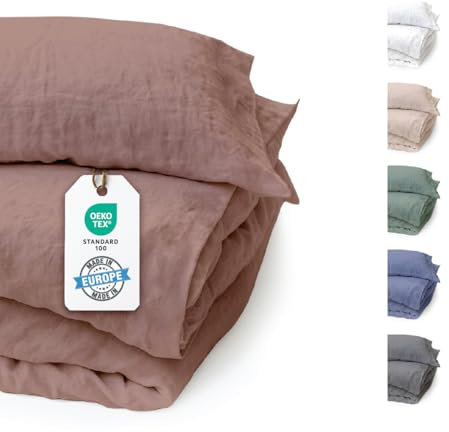 BLUE MOON Bettwäsche 135x200 Leinenbettwäsche [ÖKO-TEX] - 2teilig - 1 Bettbezug 135 x 200 cm + 1 Kissenbezug 80x80 cm - Leinen Bettwäsche - 100% Leinen - Made in EU - Stone Washed - Koralle