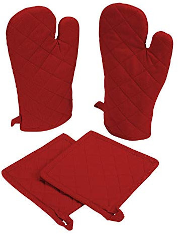 Native Fab Pot Holders and Oven Mitts Sets for Kitchen Heat Resistant - Hanging Non-Slip - 100% Cotton Kitchen Oven Mitts and Pot Holders 4-Piece Set - Red