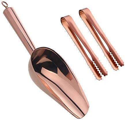 Liangs Stainless Steel Ice Scoop and Ice Tongs Small, Round Bottom Bar Ice Utility Scoop, 6 Inches Serving Tongs with Teeth for Large Cubes, Freezer, Ice Bucket Copper, Set of 3 (Rose Gold)