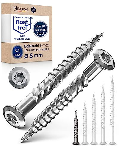 Torx Lot de 50 vis pour terrasse, 5 x 40 mm, en acier inoxydable C1, hexagonales, avec tête bombée, encoche de coupe et nervures d'épluchage pour bois, 40 mm de long