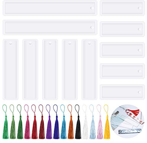 Jubaopen 12PCS Lesezeichen Epoxidharz Form Set Lesezeichen Silikon Form DIY Handwerk Form mit 15 Bunte Quasten für Schmuck Resin Gießform Lesezeichen Harz Form DIY Formherstellung