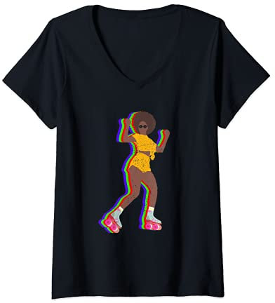 Damen Vintage Rollschuh Mädchen Kleidung Afro 70er 80er Jahre T-Shirt mit V-Ausschnitt