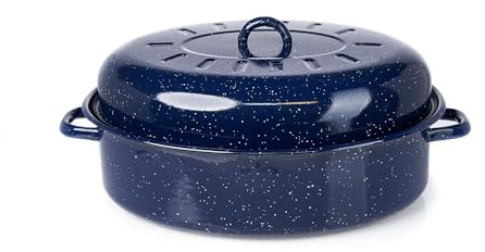 IMUSA USA 18 Traditional Vintage Style Blue Speckled Enamel on Steel Covered Oval Roaster