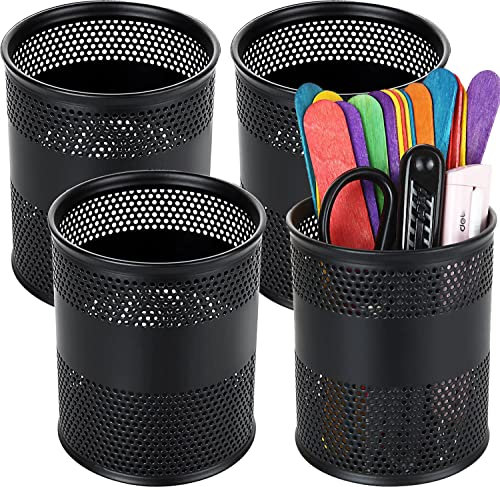GOYADA 4 PCS Pen Pot for Desk, Black Cylinder Mesh Pen Pots, 8 x 10cm Rustproof Metal Pencil Pot Pen Holder for Classroom, Home, Desk, Office, School Organiser