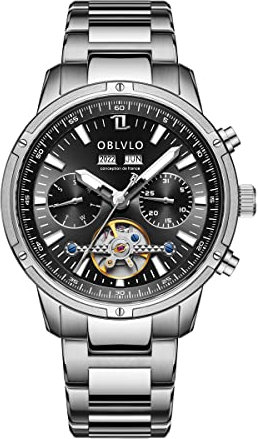 OBLVLO Herren-Automatikuhr Mechanisches Tourbillon Leuchtendes Edelstahlarmband Saphir 50M wasserdichte Kalenderwochenuhr 42mm cm-T (cm-T-YBY)