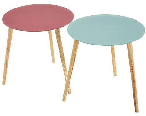 LOLAhome Set de 2 mesitas Lisas de Cristal y Madera Rosa y Azul de Ø 40x40 cm
