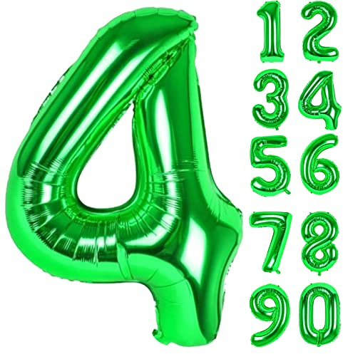 LAPONO Zahlen Luftballon 4 Grün, Folienballon Zahl 82 × 55 cm, Helium Geeignet mit Aufblashalm, Selbstschließendes Ventil, Geburtstag Deko Party Foto für 4 14 40 Jahre, Jubiläum Tischdeko
