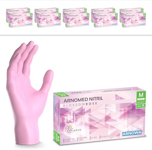 ARNOMED gants jetables rose, gants nitrile taille M, gant jetable 1000 pièces (10 boîtes), gants en nitrile non poudrés & sans latex, gants jetable cuisine, gants a usage unique en XS, S, M & L