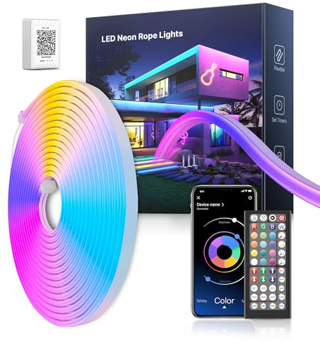 Mexllex LED Neon Rope Lights 5M, Flexible RGB LED Strip with App & Remote Control, Music Sync Colour Changing Waterproof Lighting for Bedroom, Gaming & Home Decor
