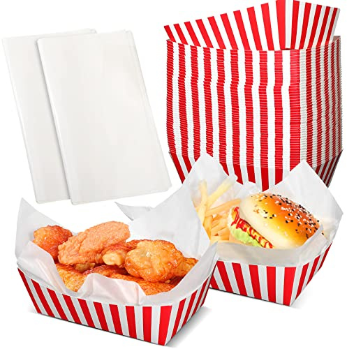 Rtteri 50 Pcs Carnival Party Paper Trays with Greaseproof Liner - Striped Circus Food Boats for Carnival Party Supplies (Red and White Stripes)