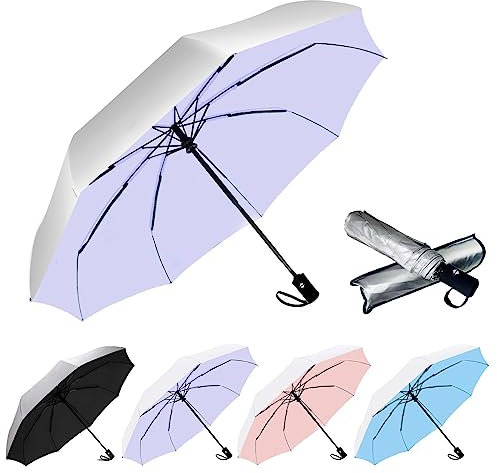 SIEPASA Parapluie de voyage compact, coupe-vent, automatique, avec protection anti-UV, parapluie portable pour femmes, hommes et adolescents, petite taille (argenté/violet)