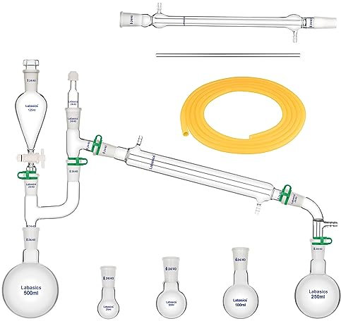 Labasics Lab Distillation Kit for Essential Oil Extraction, 500 ml Essential Oil Distillation Kit 20 Pcs Borosilicate Glass Distillation Apparatus for 24/40 Steam Distillation Set Lab Glassware