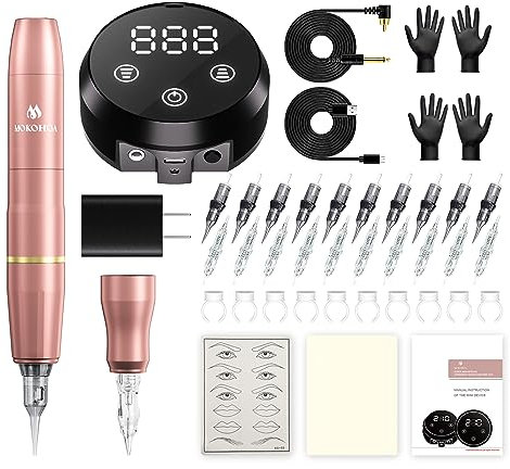 MOKOHOA Permanent Makeup Maschine Set,Tattoo Maschine Kit mit 20Stück Patronennadeln und MCU Touchscreen,Digitaler Netzteil 1600MAh für Augenbraue Eyeliner Lip,Tattoo-Kits Haut üben(Roségold)