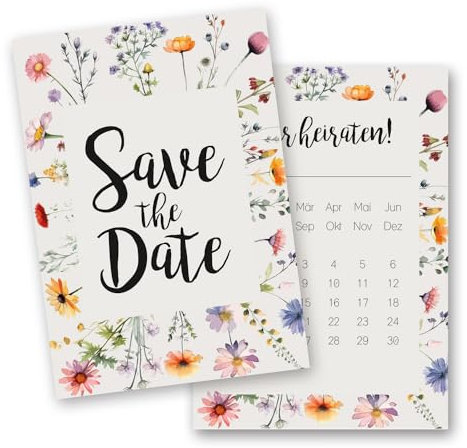 younikat 15 Postkarten Save the Date I DIN A6 I Wildblume I Set Hochzeit Wedding Einladungs-Karten I bunt elegant Kalendarium I dv1280