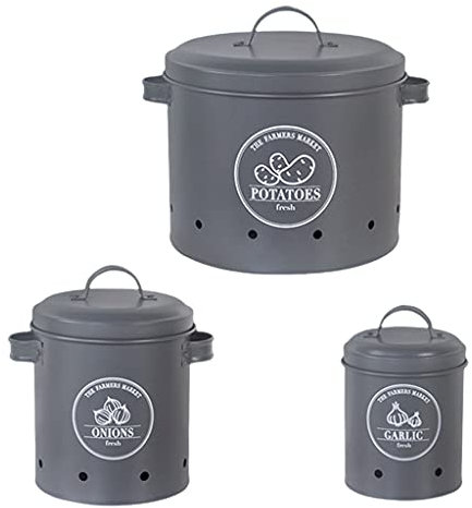 Duiaynke 3er Set Frischhaltedosen Set, Kartoffel Vorratsdose, Metall Obsttopf Gemüsekorb Zwiebel Knoblauchbehälter Küche (Grau)