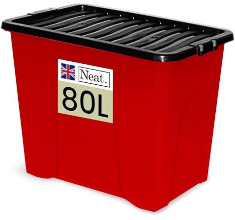 Neat 80L Storage Boxes with Lids - Red Base & Black Clip Lid Ideal for Home Organisation, Durable, Space-Saving Plastic Box Storage Solutions Great for Bedroom, Garage & Office Use Pack of 1