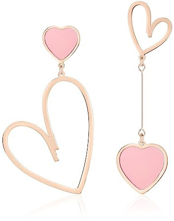 Linawe Pink Heart Earrings for Women, Rose Gold Dangle Drop Earrings Dangling, Titanium Stainless Steel Hypoallergenic Cute Heart Jewellery, Asymmetrical Mismatched Love Earrings
