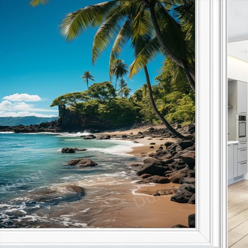 Modern Strand Fenster Sichtschutzfolie Blau Ozean Himmel Natur Palmen Buntglas Fensterfolie Sonnenblockierung Wärmeregulierung Dekorative Fensterabdeckfolie für Home Office 45x60cm