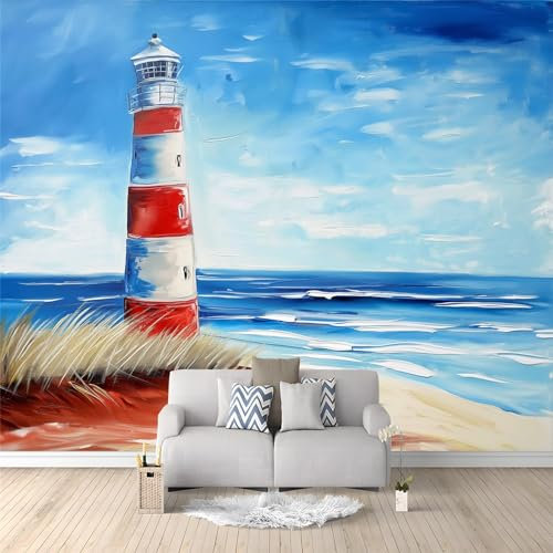 Oil Painting Style Photo Wallpaper Lighthouse On The Beach Non-Woven Living Room Bedroom Wall Decoration - Photo Mural- Gaming Room TV Background Wall Decor 150 x 105 cm