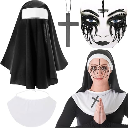 Nonne Kostüm Damen, 4 Stück Halloween Horror Nonne Kostüm, Halloween Nonnen Kostüm Damen Horror,Nonnen Kopfbedeckung Nonnenhaube mit Schwarz Diamantaufkleber und Kreuz Kette für Karneval,Cosplay Party
