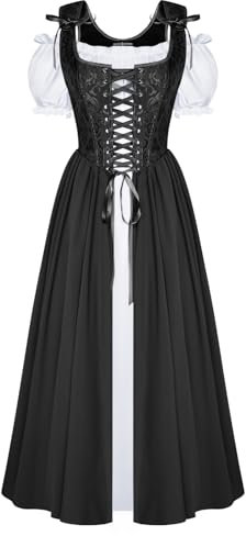 Women Black Medieval Pirate Costume Peasant Dress Lace up Renaissance Carnival Maxi Dresses Two-Piece Fancy Dress Plus Size UK 18