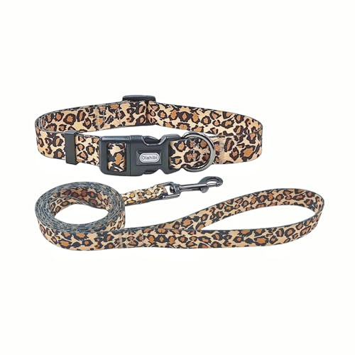Olahibi Dog Collar and Leash Combo Set, Leopard Pattern, Polyester Material, 150CM Matching Leash, for Small Puppy Dogs.(XS, Brown Leopard)