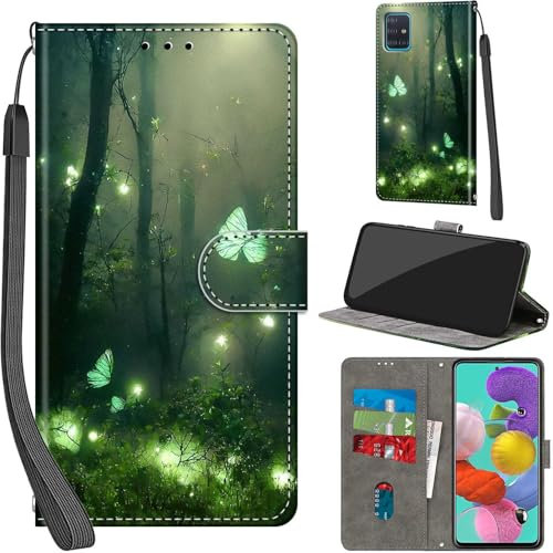 Handyhülle für Samsung Galaxy A51 4G Hülle PU Leder Schutzhülle Klappbar mit Kartenfach Ständer Handytasche mit Kameraschutz Flip Case Klapphülle für Samsung A51, Waldschmetterling