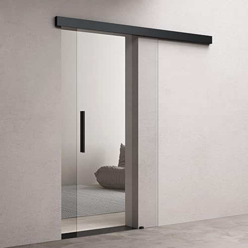 doporro Glasschiebetür Komplettset Softclose 102,5x205cm ESG Klarglas | 25mm Wandabstand | Schiebetür mit 8mm ESG-Sicherheitsglas | Glas-Zimmertür Schwarz Stangengriff | Amalfi-plus 20