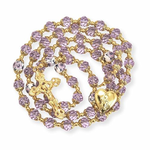 Nazareth Store Catholic Green Crystal Beads 10mm Gold Rosary Flowers Beaded Necklace Miraculous Heart Locket Medal & Cross Religious Women Men Amulet 21 in Velvet Bag (Purple)